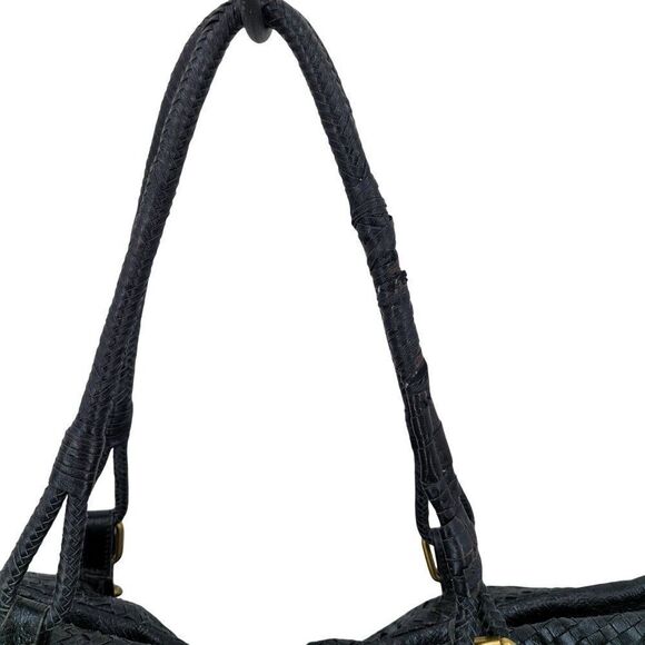 Elliott Lucca Black Basket Woven Leather Shoulder Bag Dual Handles Zip Closer - Picture 5 of 12